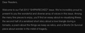 "...and a Shorts On Survival piece about wonder in the midst of tragedy."