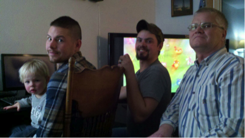 My nephew, me, my brother, and Dad (2011). The four of us watching oil field bloopers on Thanksgiving. The first time in 5 years we were together for a holiday. 