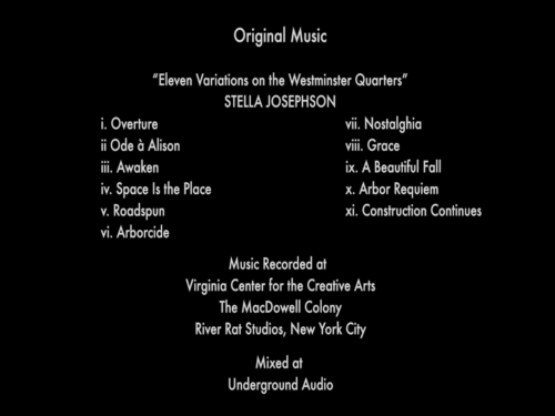 A still shot from the end credits of A Life's Work, the documentary. The still lists the composer, Stella Josephson, and the titles of the pieces.